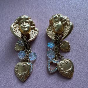 Vintage Kirks Folly Gold Tone Cherub and Heart Charm Clip Earrings