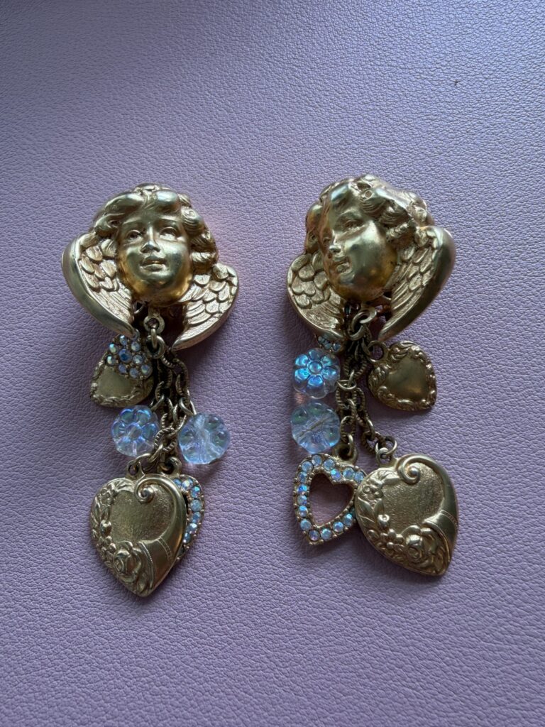 Vintage Kirks Folly Gold Tone Cherub and Heart Charm Clip Earrings